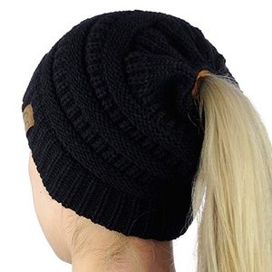 Black Ponytail Beanie Hat